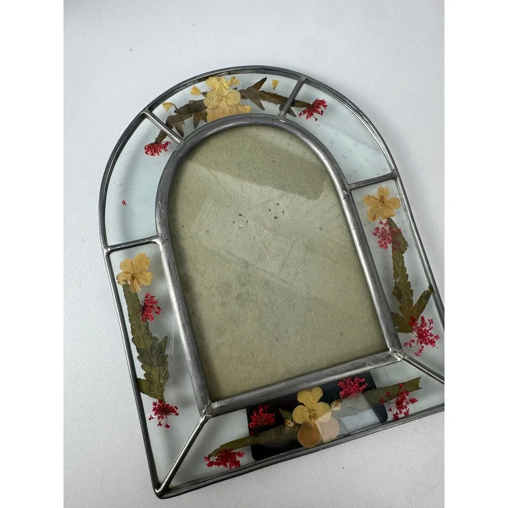 Vintage Pressed Flower Stained Glass Arched Picture Frame Cathedral Boho Decor